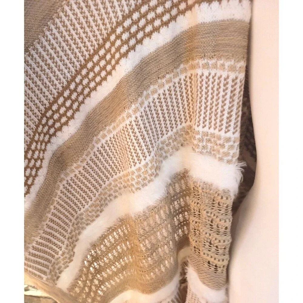 CHICO'S One Size Open Crochet Poncho With Fringe Neutral BOHO Bohemian Natural - Picture 7 of 9